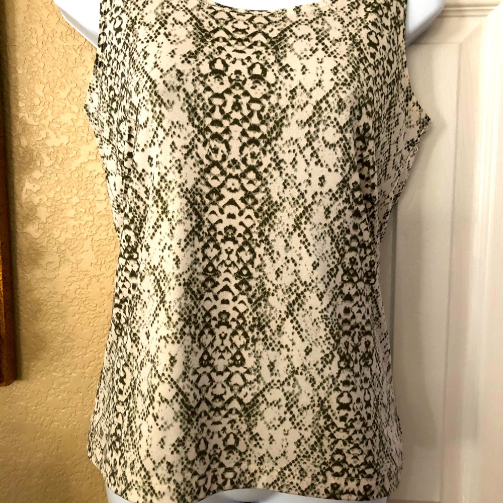 Chico’s shell-Travelers , cream with dark olive pattern, subtle sparkle.